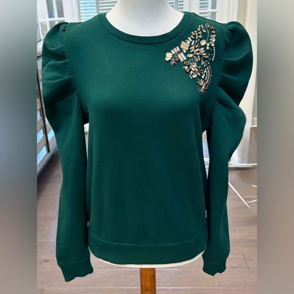 Express Embellished Sparkle Puff Sleeve Sweatshirt Green-Small-Brand New